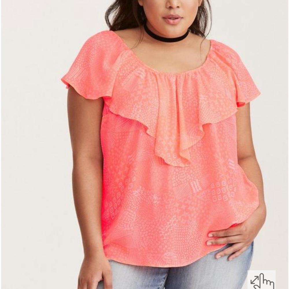 5 for $25 bundle! Torrid Georgette Ruffle Blouse in Neon Coral Size 0X/L/12